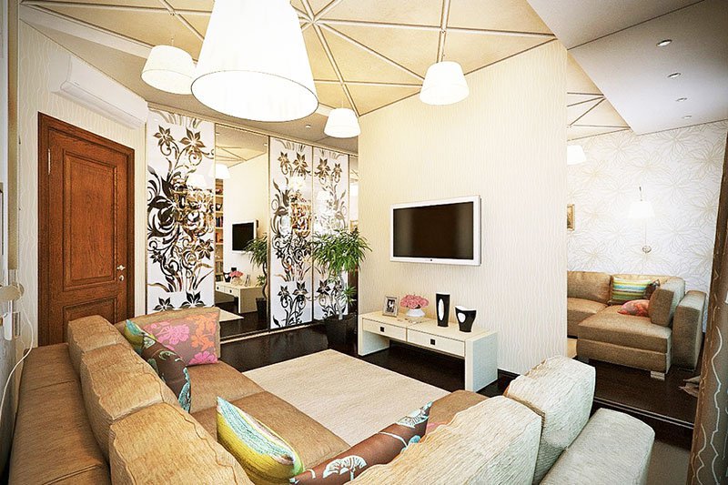 一个混搭风格客厅L型沙发白色电视背景墙装修效果图